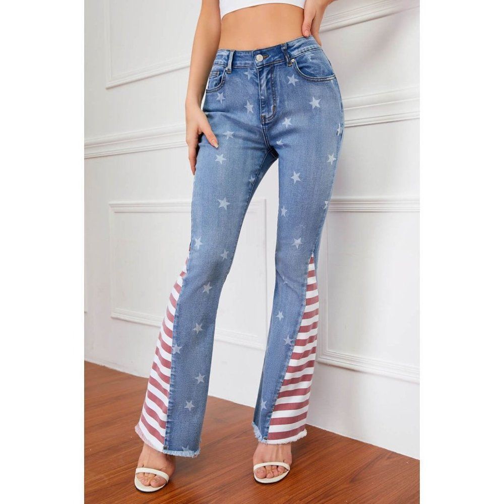 US Flag Frayed Hem Flare High Waisted Denim Jeans Women's Light Wash Blue